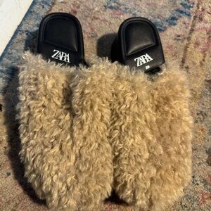 Zara Shearling Heeled Clogs